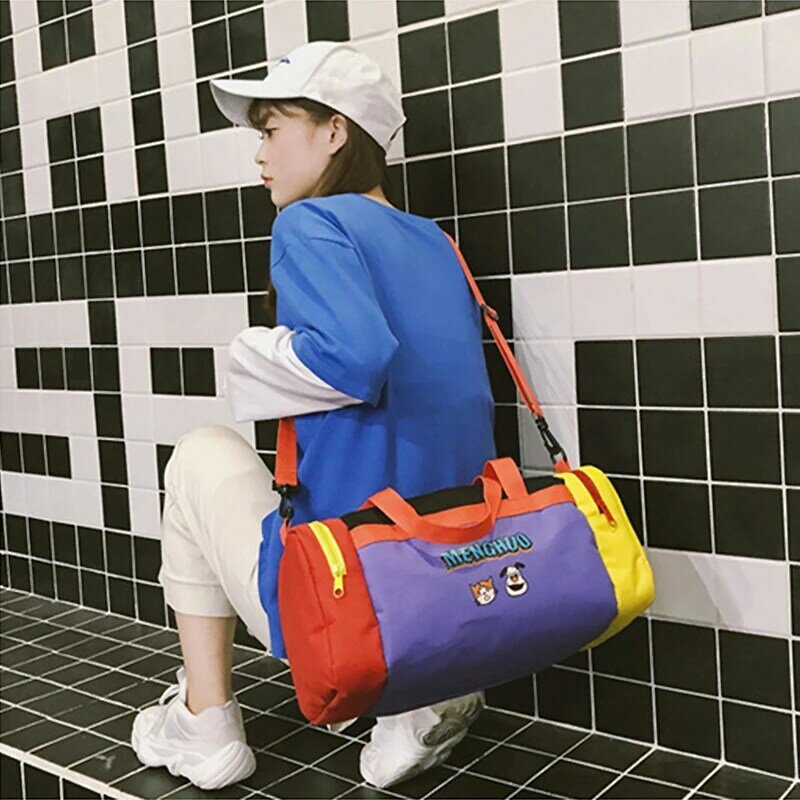 Youda Color Matching Personality Tubular Shoulder Bag Female Cartoon Cute Portable Travel Duffle Large Capacity Travelling Bags