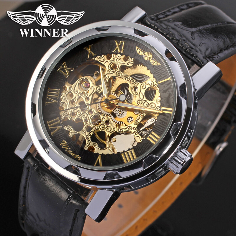 Relógio mecânico winner steampunk, relógio de pulso de couro genuíno de marca masculino à prova d'água