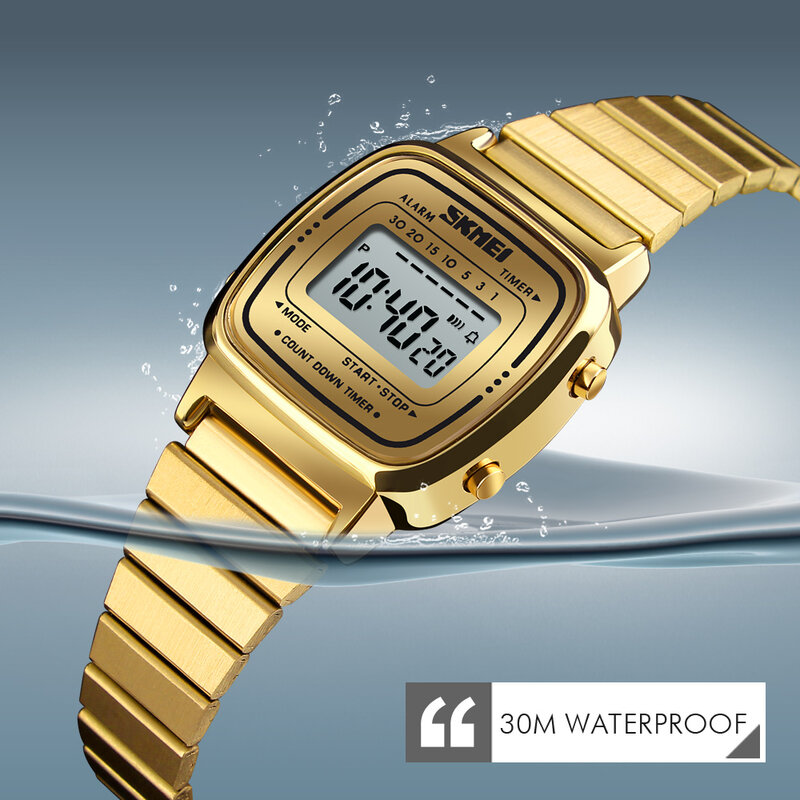 SKMEI-relojes deportivos para mujer, pulsera informal de oro, reloj Digital electrónico LED, resistente al agua hasta 5atm, femenino