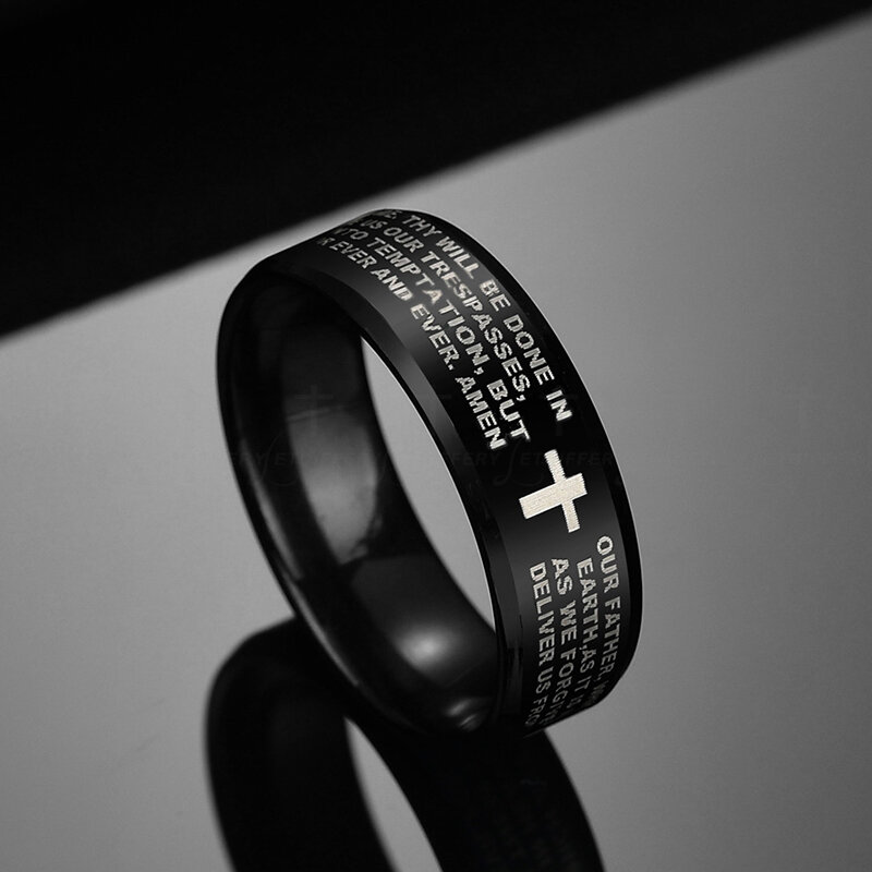 Мужское кольцо в виде амулета, кольцо Иисуса, из нержавеющей стали, черного цвета, буква Библия молитва, 8 мм