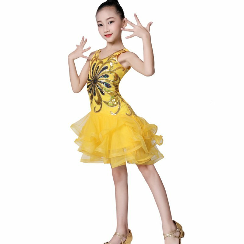 Children \'s Desgaste Da Dança Menina Dança Latina Vestido de Lantejoulas Malha Fluffy Crianças \'s Desempenho Trajes de Dança