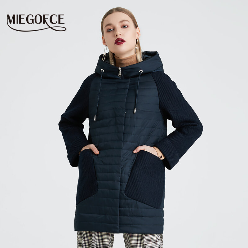 Miegofce 2021 nova coleção feminina primavera casaco elegante com capuz remendo bolsos dupla proteção contra vento parka