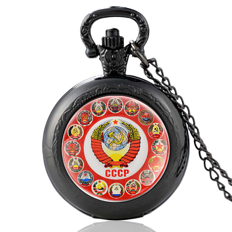 Кварцевые карманные часы CCCP в стиле ретро, черные, античные, для мужчин и женщин, серповидный молот, подвеска, ожерелье, часы