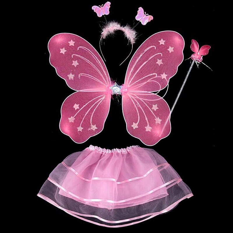 Conjunto de disfraz de princesa para niñas, set de 4 piezas con alas de mariposa, varita, diadema, falda y tutú