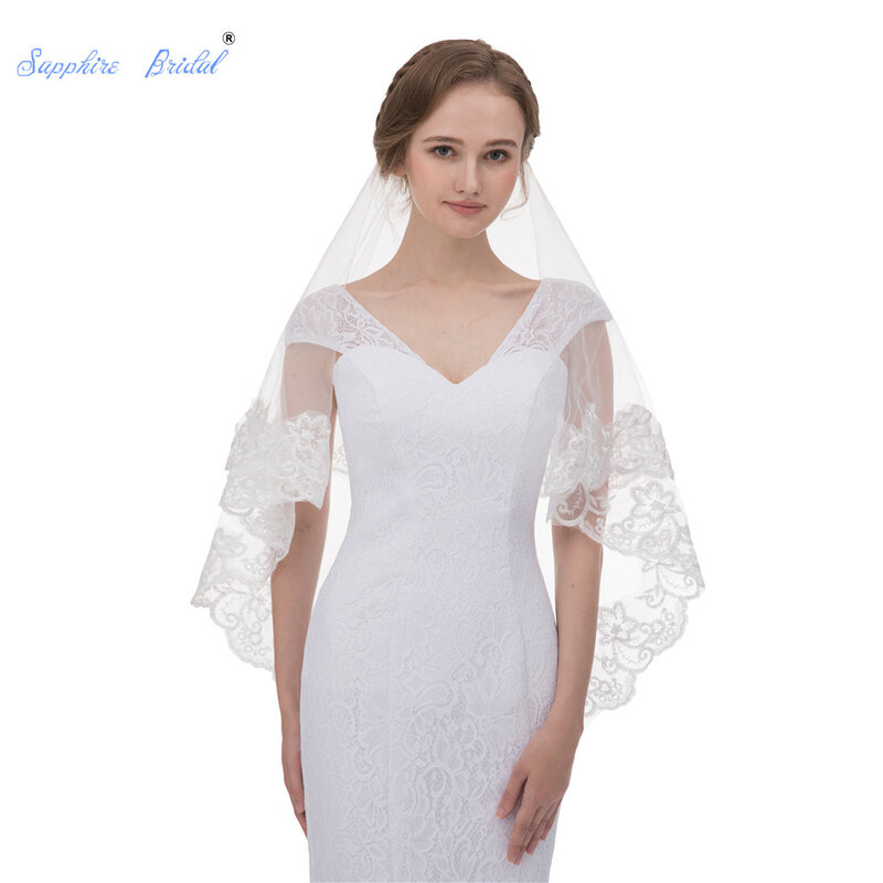 Safira Acessórios Do Casamento Branco Marfim One-Camada Véu de Noiva Curto Véus de Noiva Lace Borda véu de Noiva Sem comb Wedding Veil