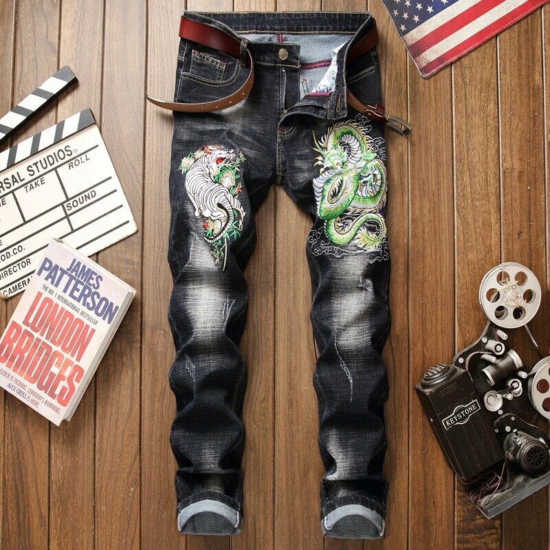 Мужские прямые джинсы с 3d вышивкой, модные повседневные длинные брюки размера плюс 29-38, байкерские джинсы, 2019