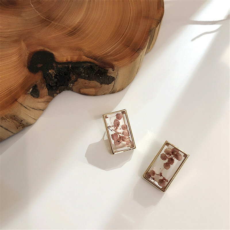 Pendientes de tuerca cuadrados de flores secas transparentes para mujer, aretes Vintage bonitos, regalos de joyería, nueva moda coreana, 2019