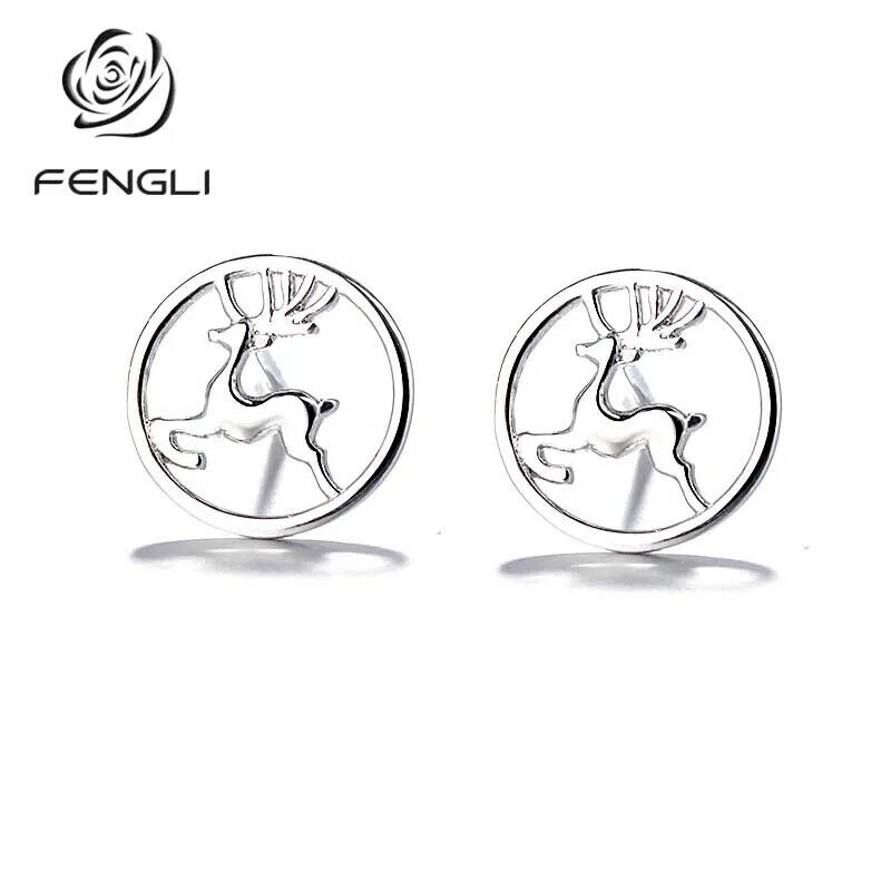 FENGLI-أقراط صغيرة على شكل غزال الرنة باللون الفضي ، للنساء والفتيات ، هدية الكريسماس