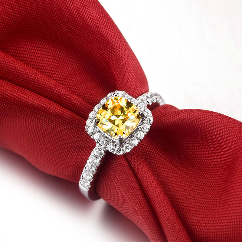 Platina sólida pt950 anel amarelo almofada 1ct diamante anel de noivado d cor vvs1 clareza afirmação colorido dedo jóias