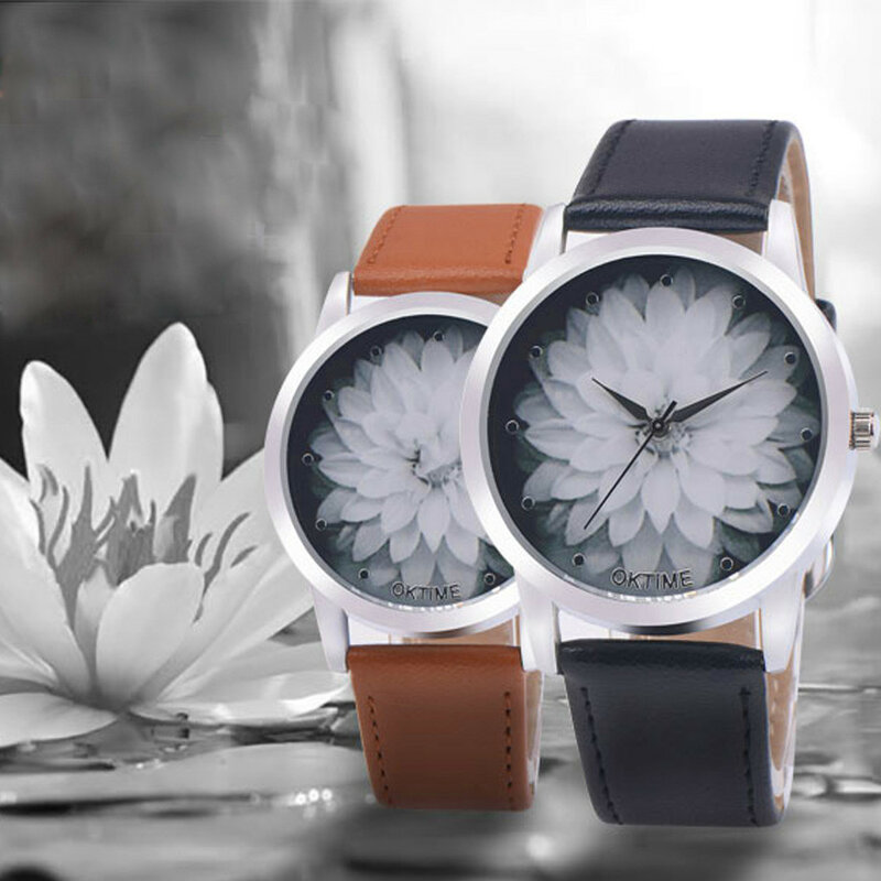 Relógio de pulso quartzo feminino flor de lótus, relógio de pulso casual couro