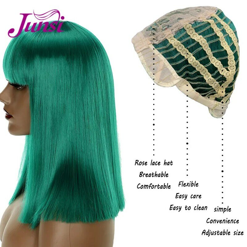JUNSI Short Bob Synthetic Wigs Rose Net Dark Green High Temperature Fiber Hair bangs for Women