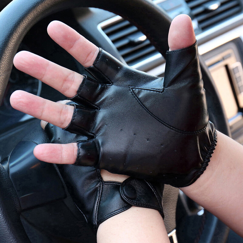 Longkeeper Fashion Female Half Finger Gloves PU Leather Fingerless Driving Gloves For Women White Black Female Guantes Luvas