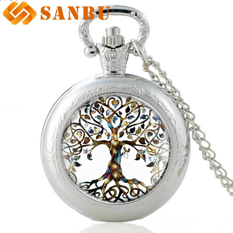 Reloj de bolsillo con collar de cadena clásico para hombre y mujer, accesorio con colgante de árbol de la vida de cristal de cabujón de estilo tibetano, de cuarzo Vintage