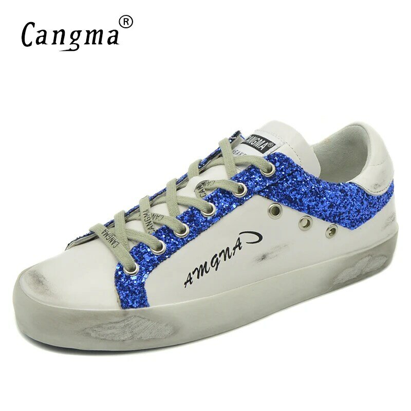 CANGMA luksusowy gatunku projektanta trampki damskie płaskie buty białe dziewczyny niebieski cekinami kobiet wulkanizowane Sneaker 2021