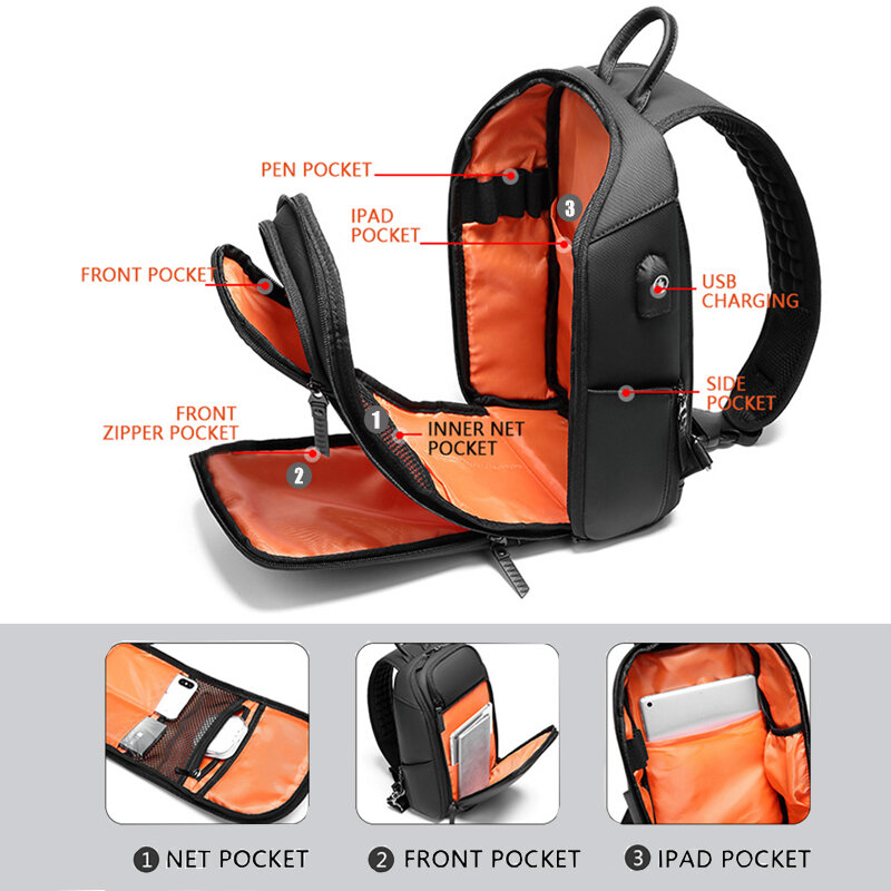 Многофункциональная мужская сумка через плечо с защитой от кражи, мессенджер на ремне с USB-портом для мужчин, водонепроницаемый мешочек для ...