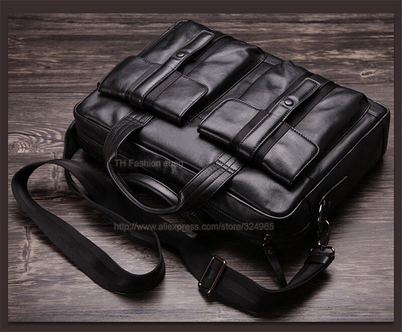 Luxury Men Genuine Leather Briefcase Business bag Leather Laptop Bag 15.4"inch Office Bag Briefcase male portfolio men Black