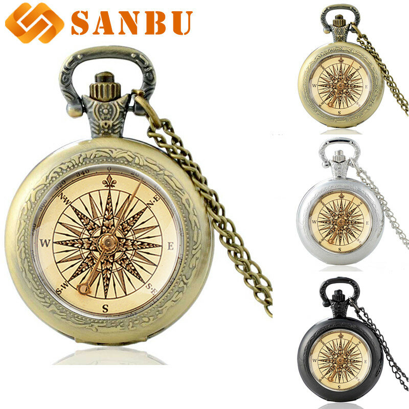 Retro Compass Quartz Pocket Watch Vintage Bronze Men Women Pendant Necklace Gifts