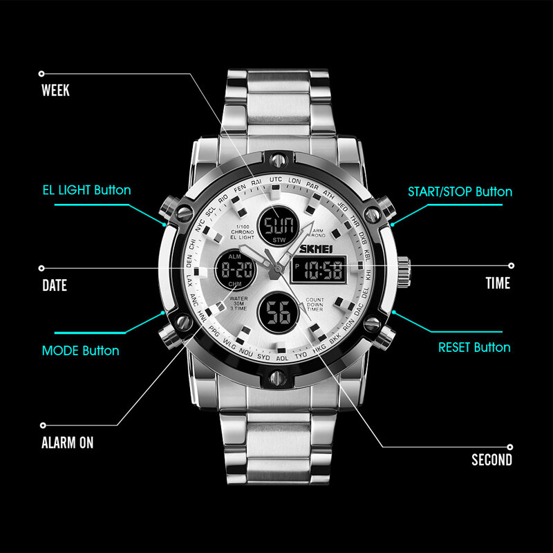 Skmei relógio digital de marca para homens, relógio eletrônico à prova d'água com cronógrafo de contagem regressiva para esportes, relógio de pulso luminoso de luxo