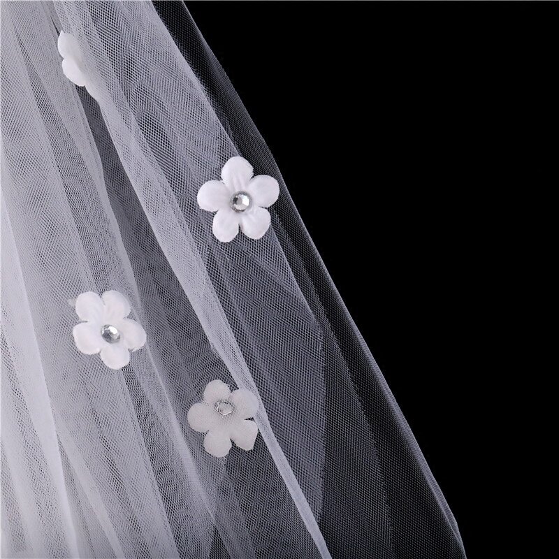Véus de noiva curtos de quatro camadas com pente com cristal frisado e flores, véu de casamento com múltiplas camadas, atacado, fábrica, 2019