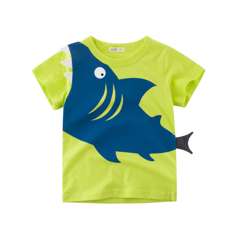 Camiseta de algodón con estampado de tiburón de dibujos animados para niños, ropa bonita de manga corta con cuello redondo, Tops de verano, 2019