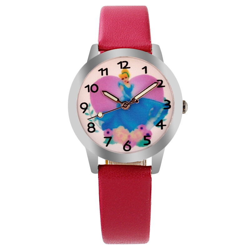 ホット販売子供かわいい王女ダイヤルクォーツ時計白雪姫少女漫画誕生日パーティーギフト子供のための腕時計ポインター発光
