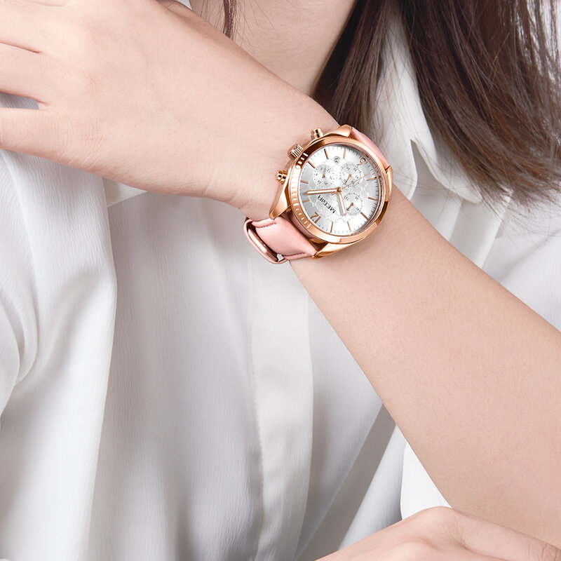 สุดหรูแบรนด์ MEGIR ผู้หญิงแฟชั่นนาฬิกาข้อมือควอตซ์ของแท้หนังกันน้ำ Analog นาฬิกา Relogio Feminino