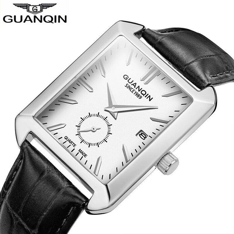 Guanqin nova moda retângulo relógio masculino high end relógio de quartzo calendário completo pequeno segundo dial couro banda relogio masculino