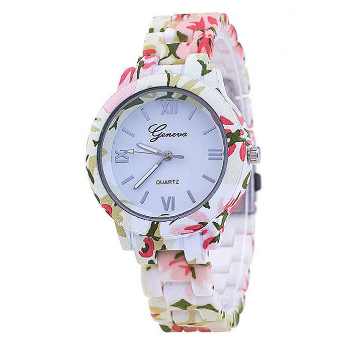 Nowe kwiaty zegarek damski genewa platynowy nadruk kwiat plastikowa opaska analogowy zegarek kwarcowy damski Vintage Fashion Ladies Watch