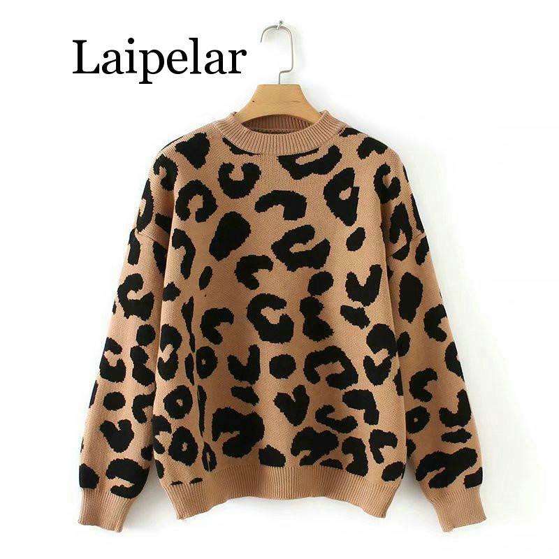 Laipelar-여성 레오파드 니트 스웨터, 겨울 동물 프린트, 두꺼운 긴 소매, 여성 풀오버, 캐주얼 상의