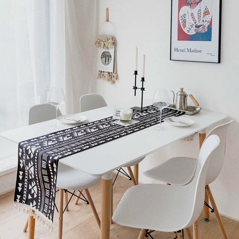 DUNXDECO-camino de mesa para decoración de escritorio, tapete de tela suave e impermeable, moderno, bohemio, blanco y negro, geométrico, chenilla