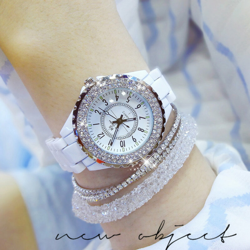 2018 top brand luxury wrist watch for women white ceramic band ladies watch quartz fashion women watches rhinestones black BS