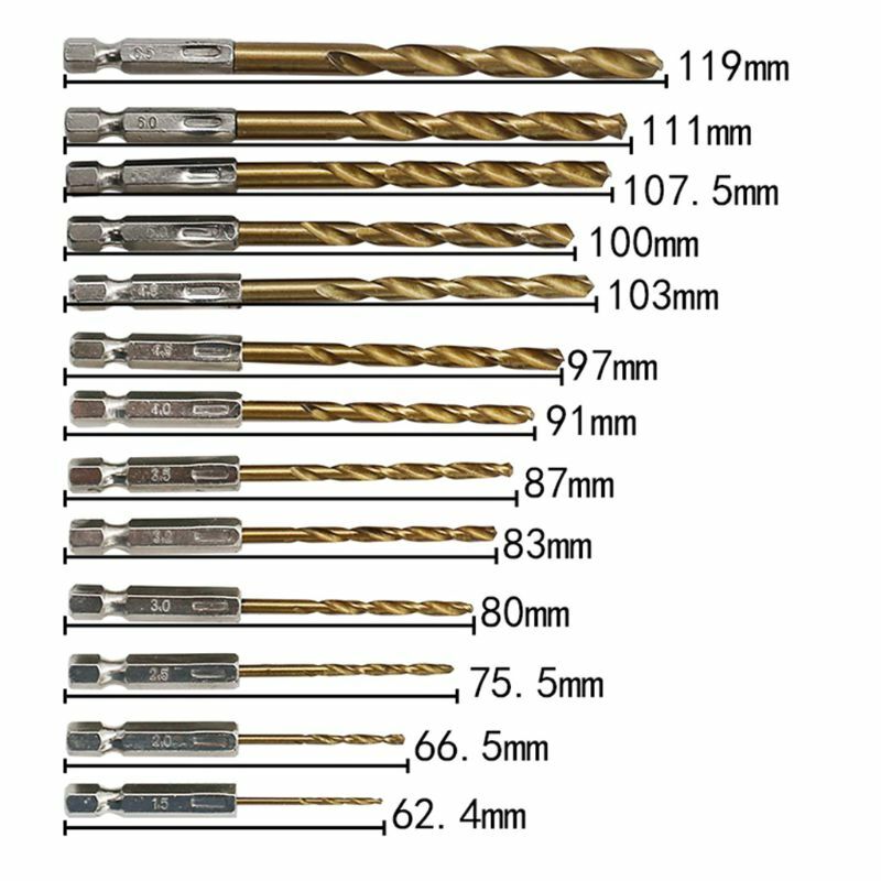 OOTDTY 13 pçs/lote HSS Alta Velocidade Aço Broca de Titânio Revestido Conjunto de 1/4 Hex Haste 1.5-6.5mm