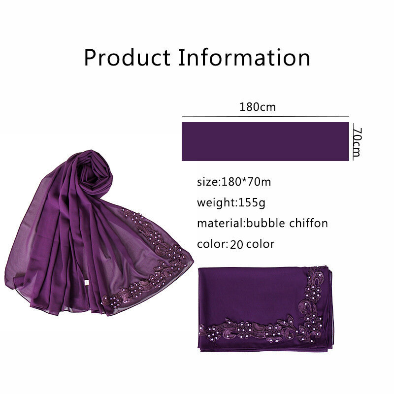 Estate Malaysia Chiffon Sciarpa del Hijab Pianura Lungo Scialle Musulmano Turbante Testa Femminile Sciarpa Squisita Del Ricamo Islamico Del Voile 70x180cm