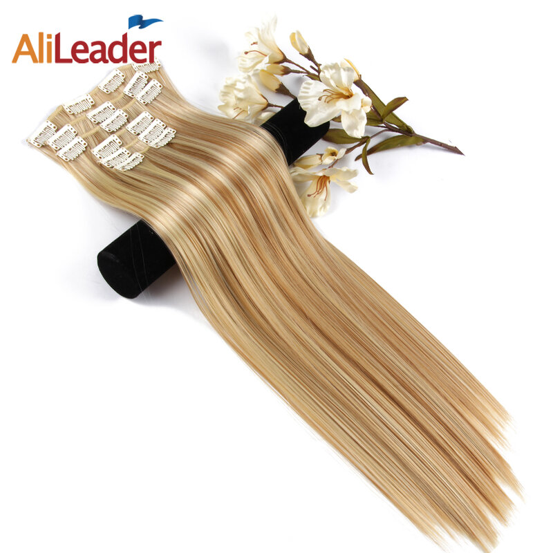 Alileader Sechs Stück 56Cm 22 Inch Lange Licht Blonde Braun Haar 16 Clips Synthetische Gefälschte Falsche Haarteil Clip In haar Verlängerung