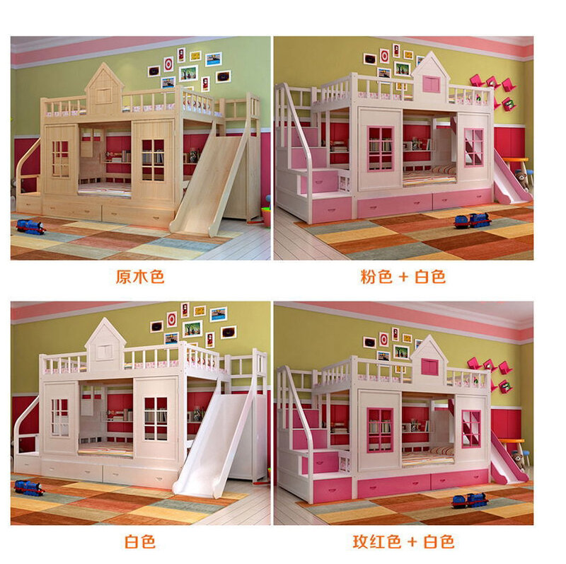 Litera moderna de madera maciza para niños, cama de madera con deslizador de gabinete de escalera, 2020
