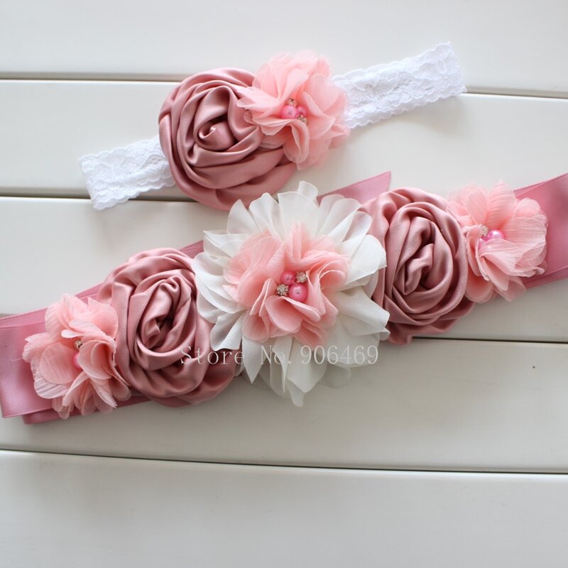 Fashion Vintage Pink/ivory flower Belt Girl Woman Sash Belt Wedding Sashes belt  with flower headband