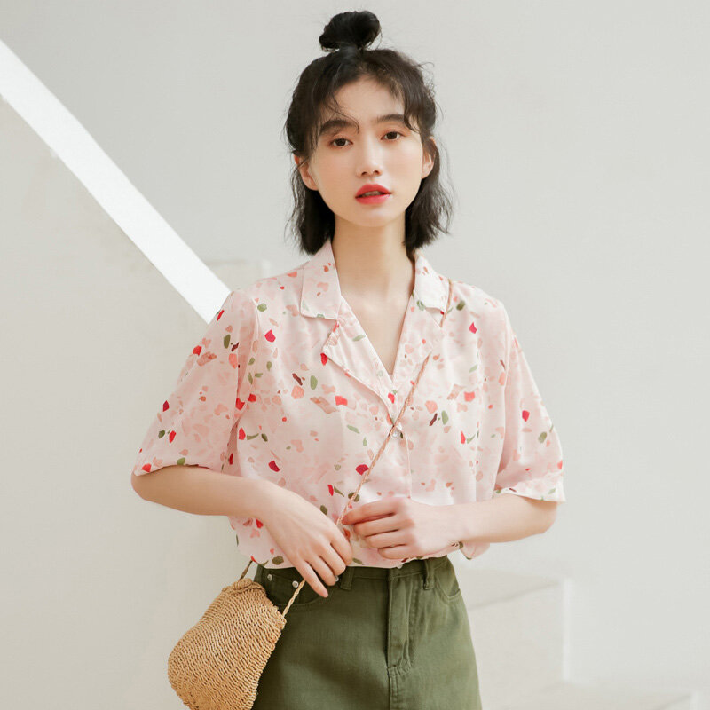 Harajuku floral impresso blusa feminina verão manga curta turn-down v neck blusas feminino estilo coreano chiffon camisas topos