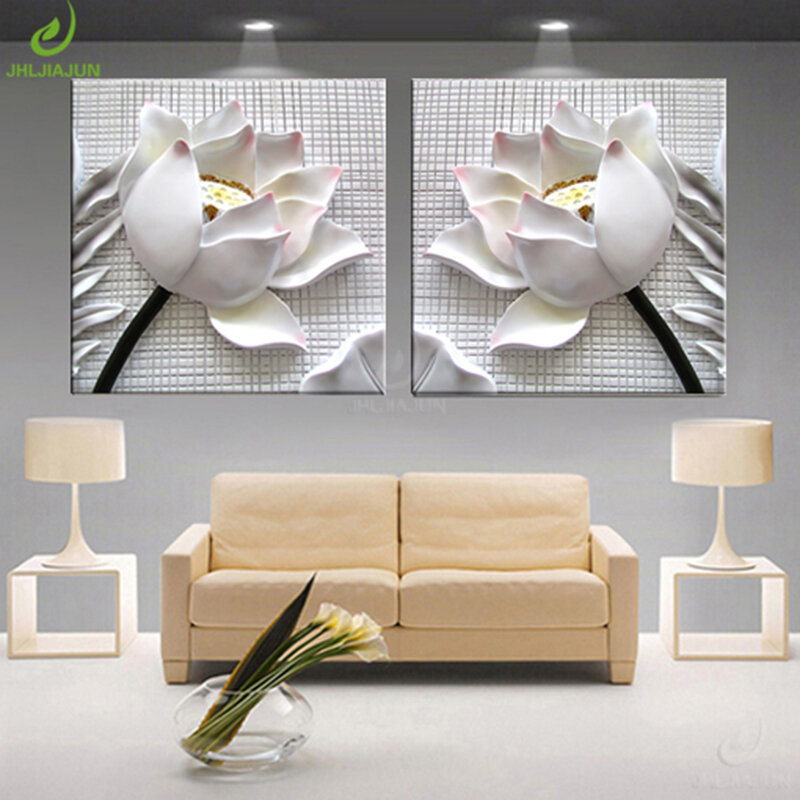 Pintura artística de pared para sala de estar, imágenes modulares de decoración del hogar con flor de loto 3D para cocina, lienzo artístico impreso, póster