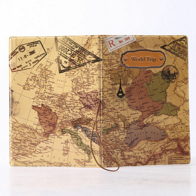 Fundas para pasaporte de viaje con mapa del mundo para hombre, porta tarjetas de identificación de cuero de PVC, carteras de 14x2018 cm, novedad de 9,6