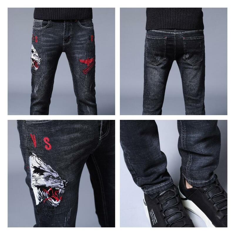 Мужские джинсы с вышивкой, черные прямые повседневные байкерские джинсы из хлопка, 29-38, 2019