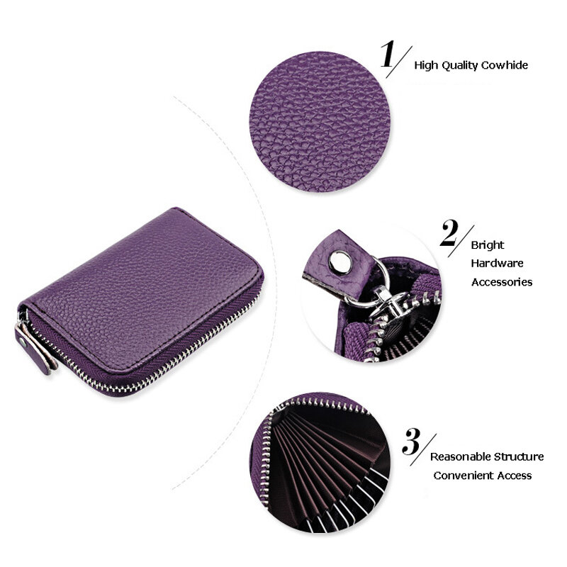 BONAMIE marca de cuero genuino Unisex tarjetero billeteras almohada capacidad mujeres tarjeta de crédito funda, soporte bolso monedero 10 Color negro
