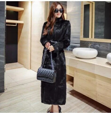 Womens longo seção casual faux vison casacos de pele casual tamanho grande preto casacos de pele