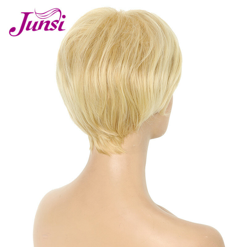 JUNSI-perruque synthétique courte dorée pour femmes, perruque coupe Pixie en Fiber résistante à la chaleur