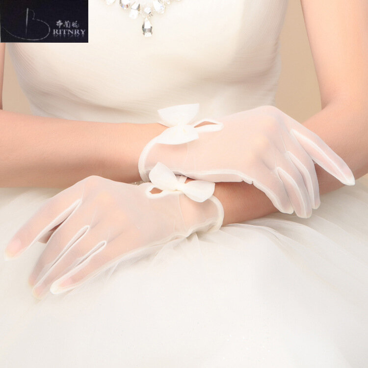 ร้อนขายถุงมือแต่งงานสีขาวสีงาช้างเจ้าสาวถุงมือสำหรับงานแต่งงานโบว์นิ้วอุปกรณ์จัดงานแต...