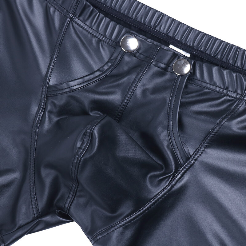 Ropa interior Sexy de cintura baja para hombre, Bóxer ajustado de piel sintética con cintura elástica, bolsa frontal con bulto y botones de presión