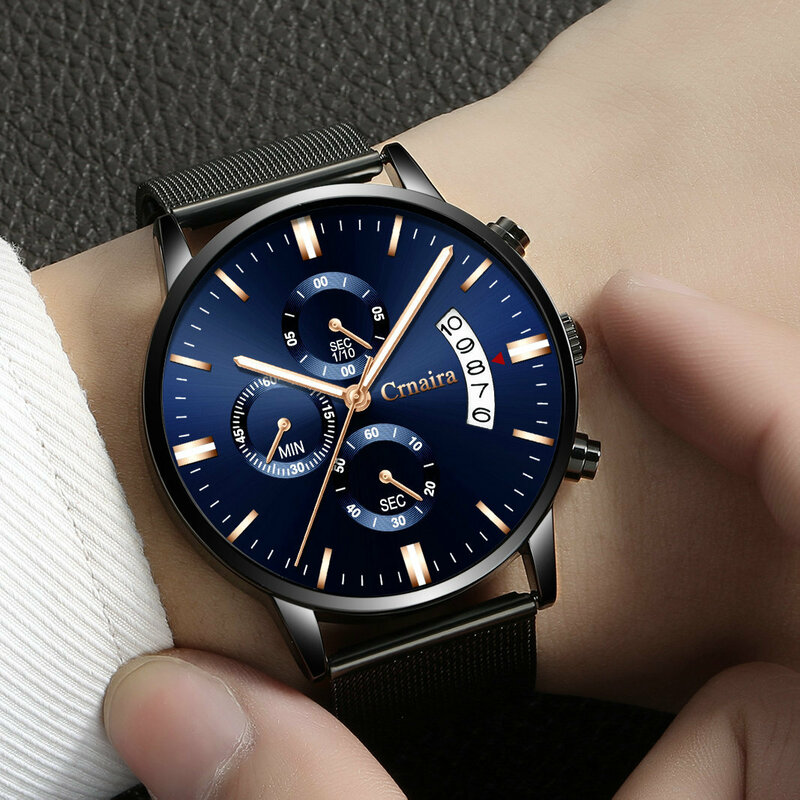 Relógio de pulso masculino de marca, relógio de pulso ultra fino de quartzo com pulseira de malha em aço inoxidável, estilo casual, novo, 2020