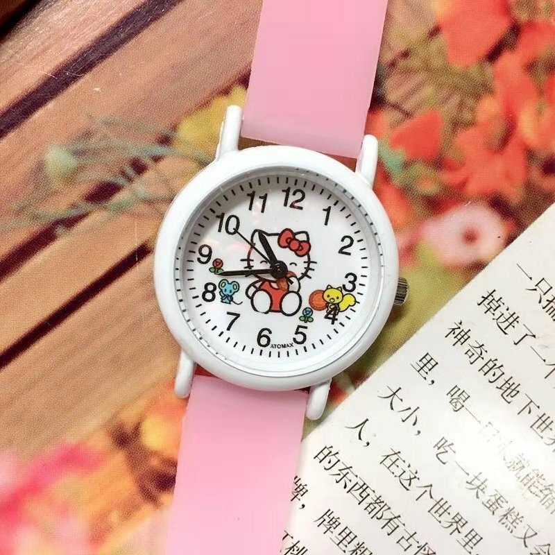 Relógio de quartzo texturizado com pulseira de silicone fofo de gato desenho animado, relógio de quartzo para meninas