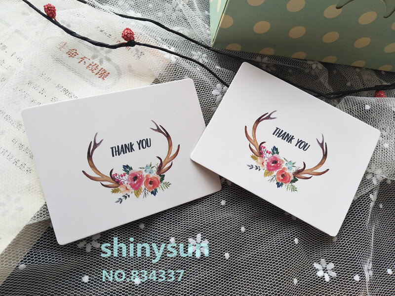 Tarjeta "Thank you" con forma de flor y buckhorn, tarjeta de regalo pequeña con mensaje, tarjeta de decoración de 6x8cm, lote de 50 Uds.