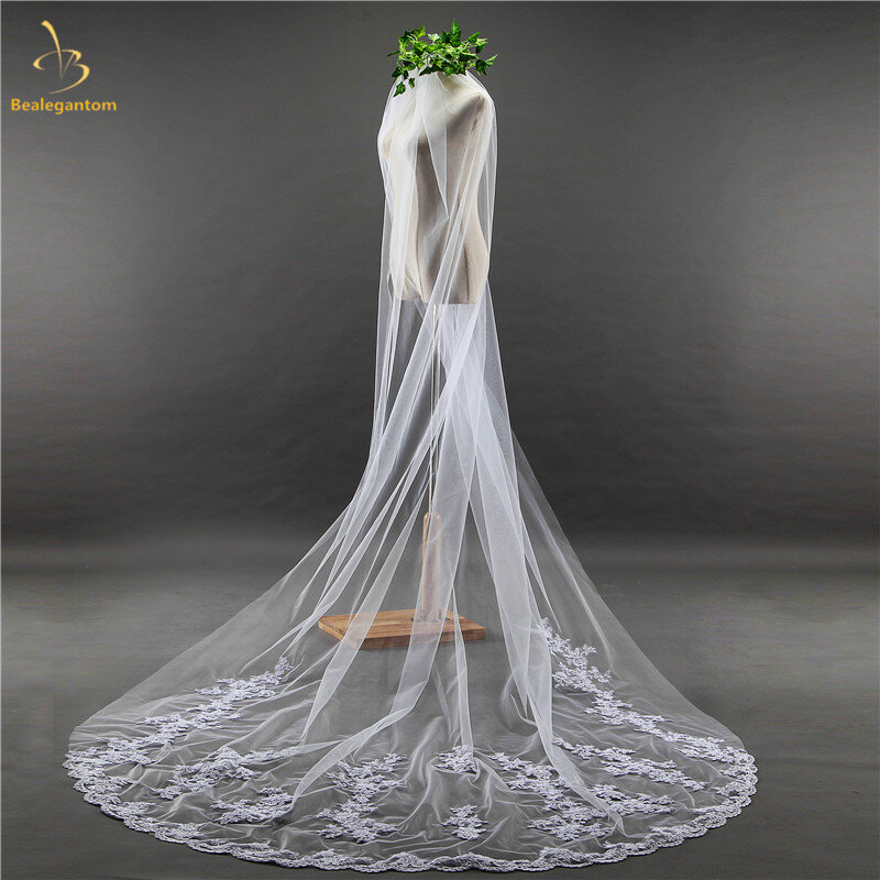 Véu de noiva 2019, véu de noiva branco com 3 m de comprimento, aplique com borda de tule