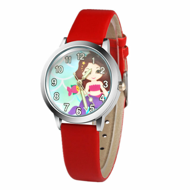 Reloj de pulsera con dibujos de sirena para niños y niñas, cronógrafo de cuero, bonito, regalo